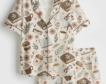 Beige Coffee And Books Reading Lover Girly Bookish Print Long Sleeve Satin Pajama Set, Holiday Gift For Mama Women