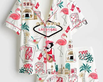 Pijama de satén para mujer con diseño de acuarela de Las Vegas, ideal para casinos, tragamonedas, casinos, casinos, regalos navideños de Las Vegas.