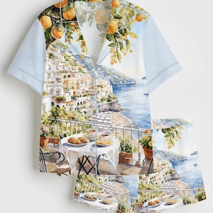 Amalfi Coast Coffee Satin Pajama Set, Italian Scenic Long Sleeve Sleepwear, Silky Mediterranean Summer PJs, Luxury European Travel Gift
