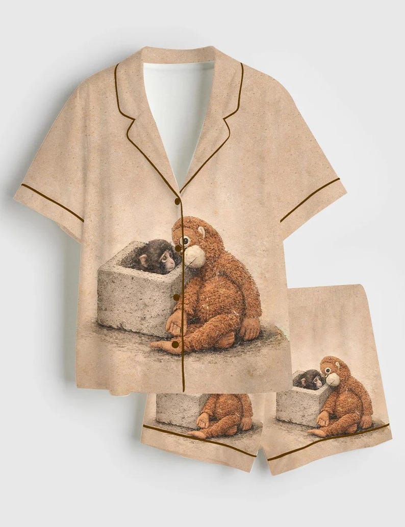 May include: Tan pajama set featuring a short-sleeved button-down shirt and matching shorts. The set is adorned with a whimsical illustration of two monkeys. The shirt and shorts have brown trim.