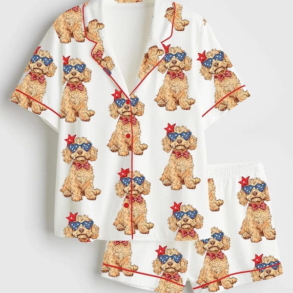 Goldendoodle 4th of July Satin Pajama Set, Patriotic Dog Mom Gift, Independence Day Long Sleeve PJs, Red White Blue Doodle Sleepwear