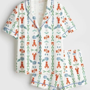 La Dolce Vita Lobster New England Coastal Fisherman Long Sleeve Satin Pajama Set Adults, Lobster Summer England Sleepwear Set Gifts Family image 3