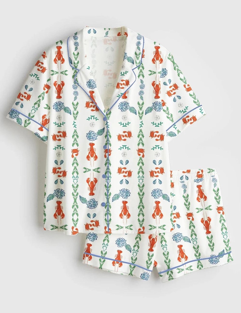 La Dolce Vita Lobster New England Coastal Fisherman Long Sleeve Satin Pajama Set Adults, Lobster Summer England Sleepwear Set Gifts Family image 3