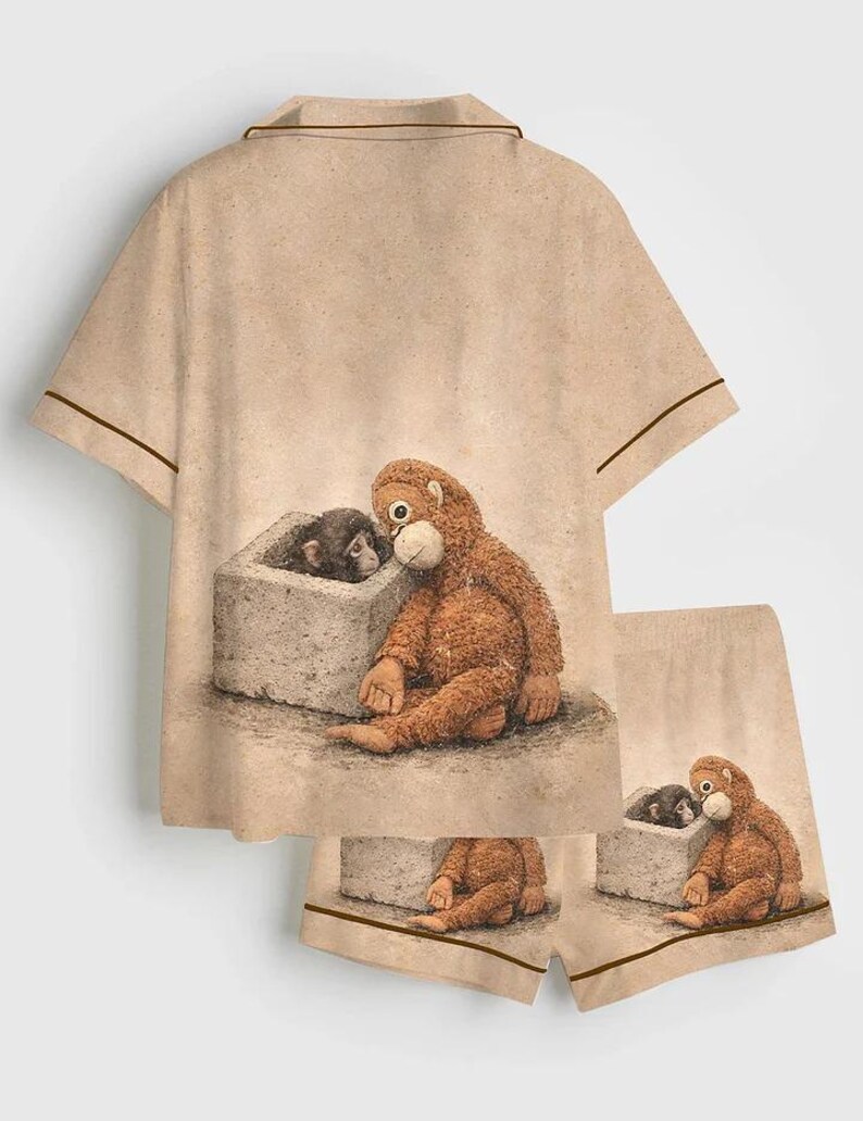 May include: Tan pajama set featuring a whimsical illustration of two orangutans. The short-sleeved top and shorts have brown trim. One orangutan sits next to a smaller one in a stone box. The set is made of a soft material.