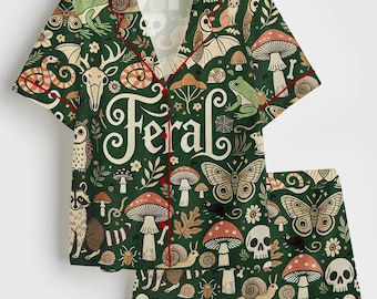 Feral Goblincore Cute Skeleton Moss & Raccoon Nature Lover Satin Pajama Set, Pajama Set Women’s Gifts For Her Feral Goblincore Meme Funny