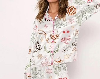 Western Cowgirl Bachelorette Hand Drawn Wild West Disco Pajama Set, Cowboy Hand Drawn Wild West Y2K PJs for Women, Holiday Sleepwear Gifts