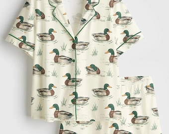 Watercolor Mallard Duck Duck Hunting Satin Pajama Set, Fun & Stylish Mallard Duck Sleepwear, Unique PJs with Design, Pajama Gift For Her