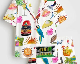 Women's Key West Florida Travel Short Long Sleeve Satin Pajama Set, Key West Holiday Florida Travel Pjs, Sleepwear Gift For Her