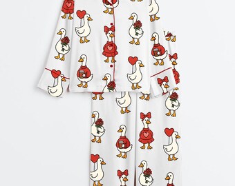 Lovely Goose Coquette Satin Pajama Set, Silly Goose Duck Valentine Long Sleeve Sleepwear, Soft Romantic PJs, Valentine Gift for Her
