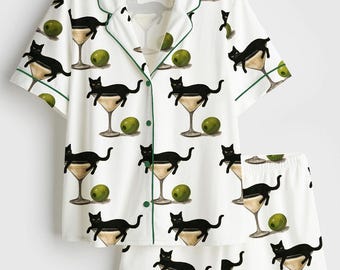 Black Cat In Martini Cocktail Wine Glasses Satin Pajama Set, Christmas Sleepwear Gifts For Her Cat, Nightwear Pajama Martini Cocktail