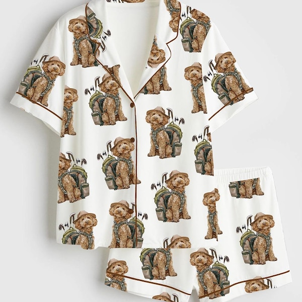 Goldendoodle Golf Dog Playing Golf Short Sleeve Satin Pajama Set, Funny Dog Animal Pajama, Sleepwear Gift For Women