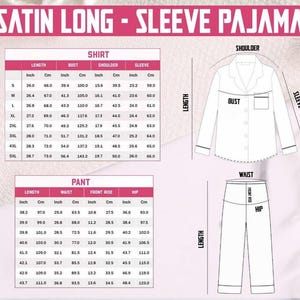 Puede incluir: Tabla de tallas para un pijama largo de sat&eacute;n. Incluye medidas en pulgadas y cent&iacute;metros para la camisa y el pantal&oacute;n, detallando largo, contorno de pecho, cintura y cadera.
