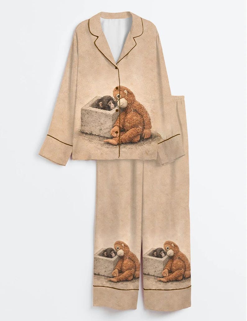 May include: Beige pajama set featuring a brown bear and a black monkey illustration. The long-sleeved top has a notched collar and button closure. The pants have a matching illustration. Brown piping trims the edges of the set.