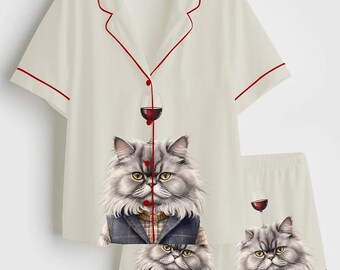 Pijama de gato persa con estampado de vino, divertido conjunto de pijama de satén para amantes de los gatos, ropa de dormir de lujo con estampado de vino tinto, ropa de estar por casa de manga larga, regalo de cumpleaños único para ella.