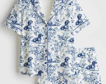 Dachshund Sausage Dog Lover Short Sleeve Satin Pajama Set, Dog Pet Animal Satin PJs, Holiday Sleepwear Gift for Her, Cozy Festive Nightwear