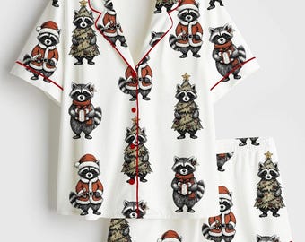 Women’s Christmas Raccoon Pajama Set, Cute Woodland Raccoon Trio, Long Sleeve Satin Holiday PJs, Cozy Winter Sleepwear Gift