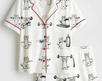 Pijama divertido para gatos de gimnasio, conjunto de pijama de satén con funda para bomba de aire, pijama de manga corta para gatos para hacer ejercicio, ropa de estar por casa sedosa para gatitos, regalo único de fitness para ella.