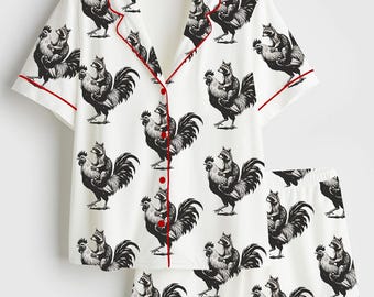 Living The Dream Satin Pajama Set, Funny Raccoon & Rooster Print, Short Sleeve Sleepwear, Cozy Animal Quote PJs Gift for Her