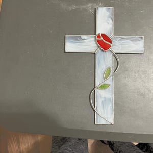 Handmade Stained Glass Cross with Rose