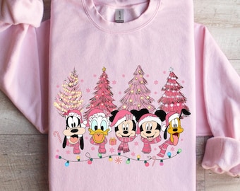 Mickey and Friends Xmas T-shirt, Disney Pink Christmas Shirt, Minnie Winter Holiday Sweatshirt, Goofy Dog Xmas Tee, Disney Xmas Tree Hoodie