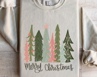 Boho Christmas Trees Sweatshirt, Minimalist Holiday Sweater, Aesthetic Holiday Crewneck, Neutral Xmas Tee, Cute Christmas Gift