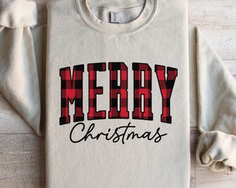 Merry Christmas Sweatshirt, Buffalo Plaid, Retro Christmas Sweatshirt, Winter Holiday Pullover, Festive Sweater, Vintage Sweatshirts