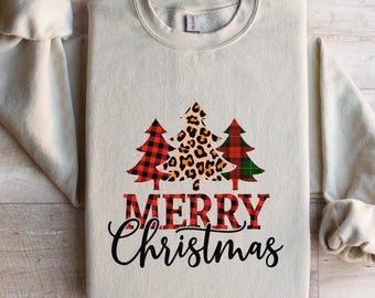 Merry Christmas Sweatshirt, Leopard Plaid Tree Shirt, Buffalo Check Christmas,Festive Holiday Sweater, Winter Shirt, Family Christmas Shirt