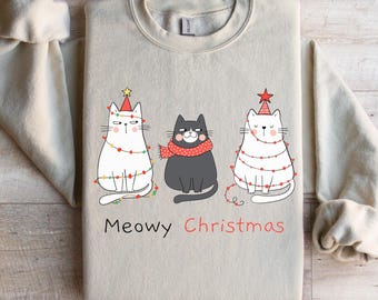Meowy Christmas Shirt, Cat Christmas Sweatshirt, Cat Lover Xmas T-Shirt, Christmas Cat Mom Sweater, Catmas Gift For New Year, Xmas Crewneck