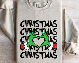 Grinch Heart Hands Christmas Sweatshirt, Funny Grinchmas Shirt, Trendy Holiday Crewneck,  Xmas Graphic Shirt, Retro Sweatshirt