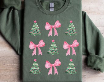 Coquette Bow Christmas Sweatshirt, Christmas Tree Shirt, Christmas Sweatshirt, Girly Christmas Sweater, Coquette Bow Sweater, Girly Winter