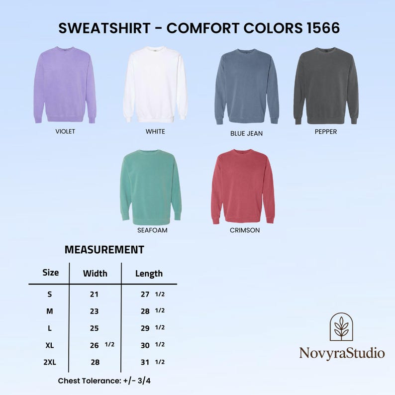 May include: Six Comfort Colors 1566 crewneck sweatshirts in violet, white, blue jean, pepper, seafoam, and crimson. A measurement chart displays sizes S through 2XL with width and length in inches. Text includes SWEATSHIRT - COMFORT COLORS 1566.