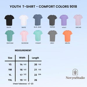 May include: A color chart for Comfort Colors 9018 youth t-shirts featuring eleven solid colors: black, white, blue jean, pepper, violet, orchid, seafoam, blossom, chalky, gray, and melon. A measurement table lists widths and lengths in inches.