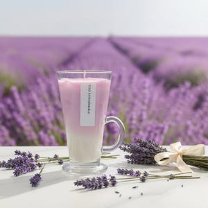 May include: A clear glass candle with a handle, filled with a two-tone wax in white and lavender. The candle has a label that reads "Iced Lavender Bliss." Sprigs of lavender and a bundle of dried lavender with a cream ribbon are arranged on a white surface.
