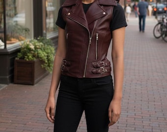 Handmade Maroon Leather Biker Vest: Women's Asymmetrical Motorcycle Jacket