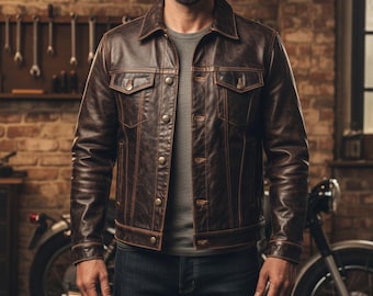 Heavy Waxy Leather Trucker Jacket | Vintage Brown Distressed Biker Coat | Men's Rugged Style