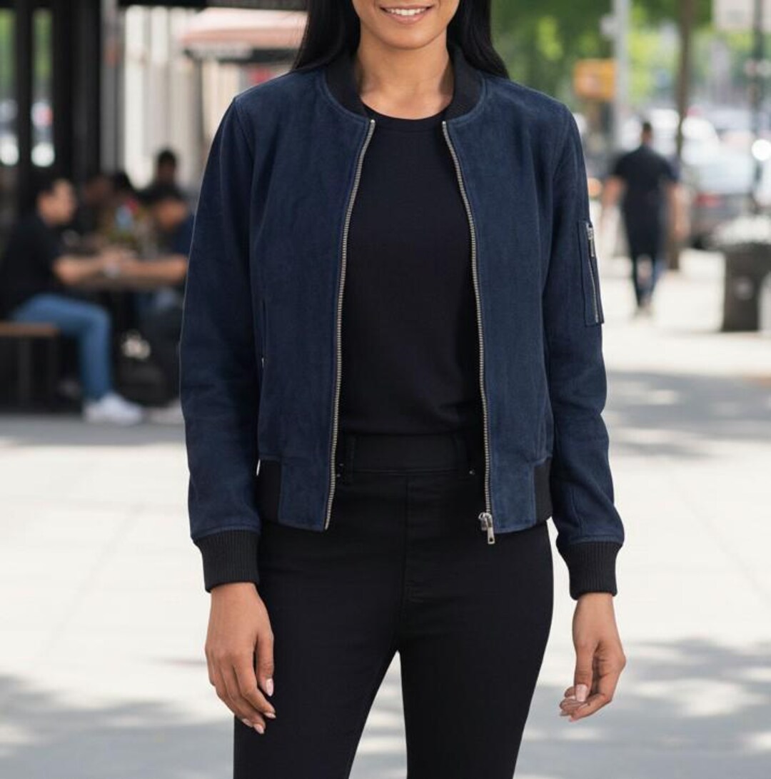 Women's Navy Blue Suede Bomber Jacket, Classic Zipup Design, Everyday