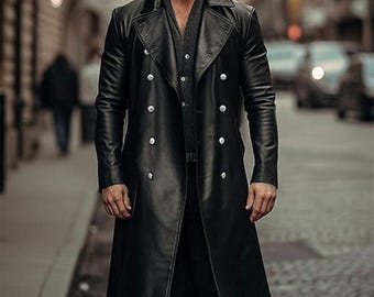 Trench in pelle nera da uomo / Cappotto lungo doppiopetto / Giacca spolverino Matrix