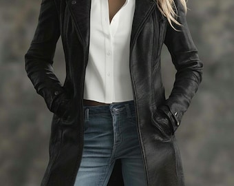 Women’s Black Leather Trench Coat | Handmade Genuine Lambskin Long Jacket | Slim Fit Zip Up
