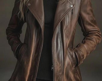 Women's Real Leather Longline Biker Jacket, Mid Length Jacket
