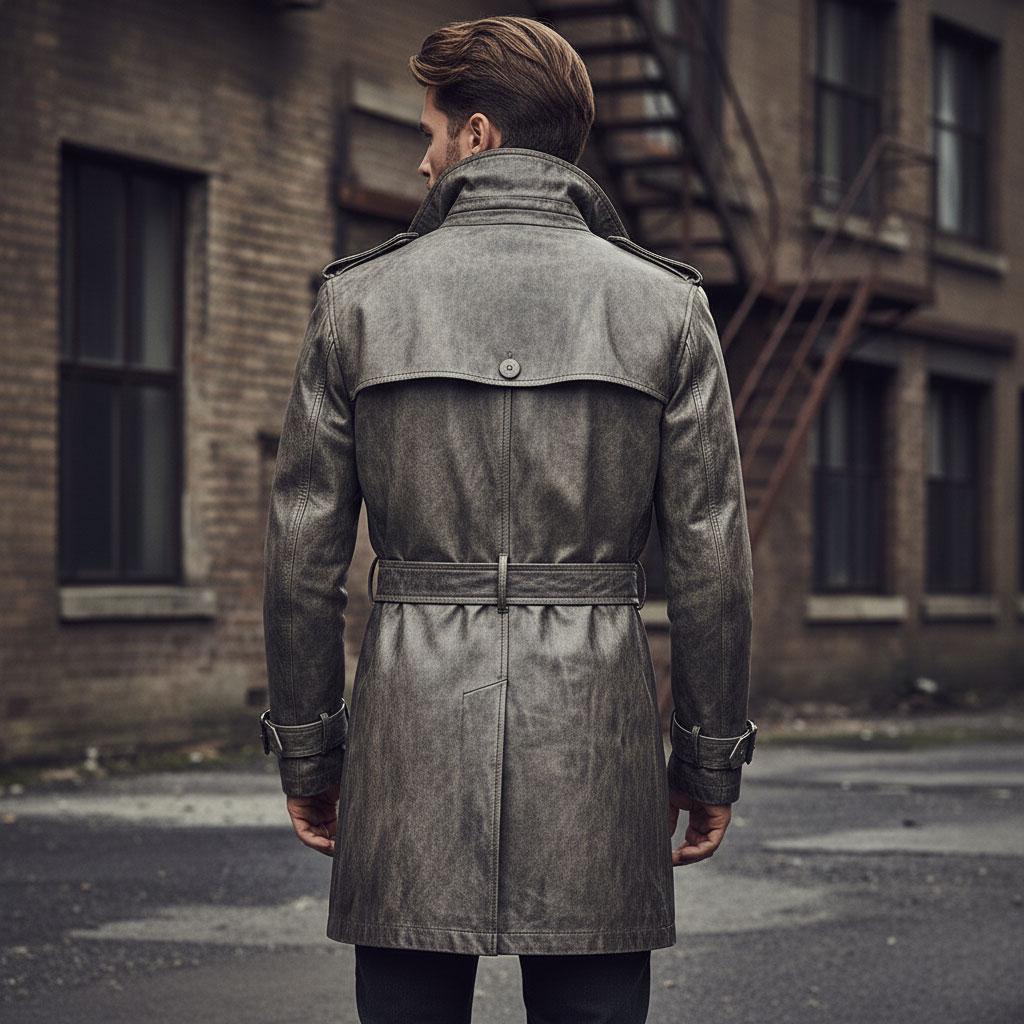 Vintage Grey Distressed Leather Trench Coat | Men's Heavy Waxy