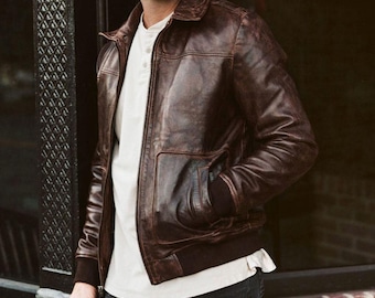 Men's Real Leather Bomber Jacket - Distressed Dark Brown Aviator Style with Ribbed Cuffs