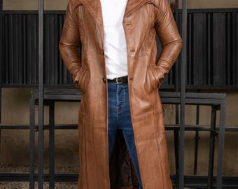 Genuine Lambskin Leather Long Coat for Men | Distressed Brown Trench | Vintage Style
