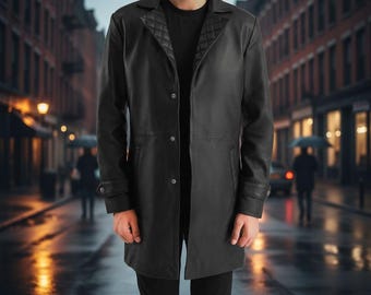 Handmade Black Leather Car Coat - Mid-Length Button Jacket