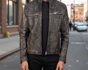 Men's Distressed Leather Jacket – Vintage Biker Style Cafe Racer Motorcycle Jacket with Zipper Pockets