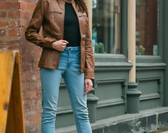 Women's Real Leather Cafe Racer Jacket | Slim Fit Tan Brown Biker Style Coat