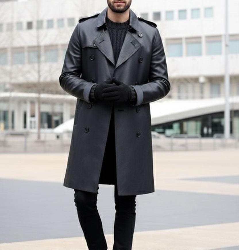 Men's Black Leather Trench Coat - Classic Double-breasted Long