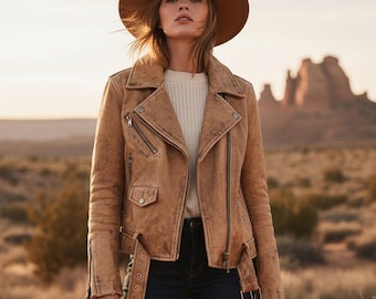 Women's Distressed Leather Jacket | Tan Biker Moto Jacket | Vintage Western Cowgirl Style | Handmade Coat