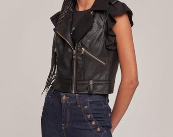 Handmade Black Leather Biker Vest: Women's Sleeveless Moto Jacket