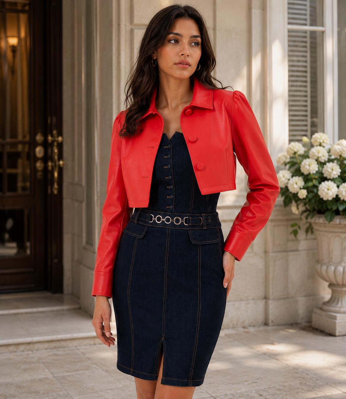 Vibrant Red Leather Bolero Jacket - Cropped Puff Sleeve Genuine