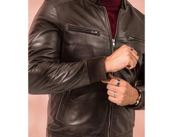 Men's Dark Brown Real Leather Jacket | Ribbed Cuff & Collar | Classic Cafe Racer Style Outerwear